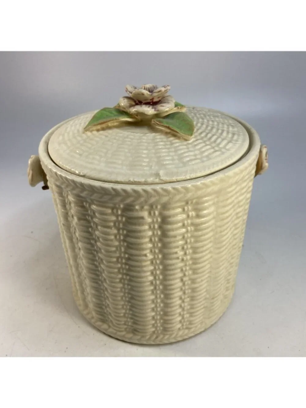 Vintage Biscuit Jar Basket Weave Wicker Handle Made In Japan 40s Flower Top Side